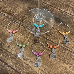 Beautiful 6 New Handmade Leaf Kitty Cat Wine Glass Charms Markers 6 Different Color Combinations