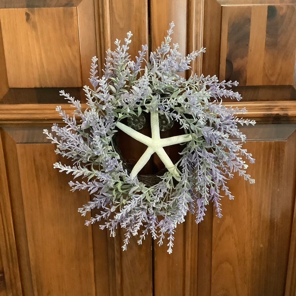 Beautiful New Faux Lavender Greenery 12 Inch Petite Wreath With Real Starfish