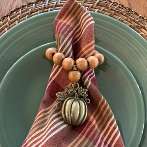 Beautiful New Set of Four Metal Pumpkin Light Brown Wood Bead Napkin Rings, Wine or Vase Charm