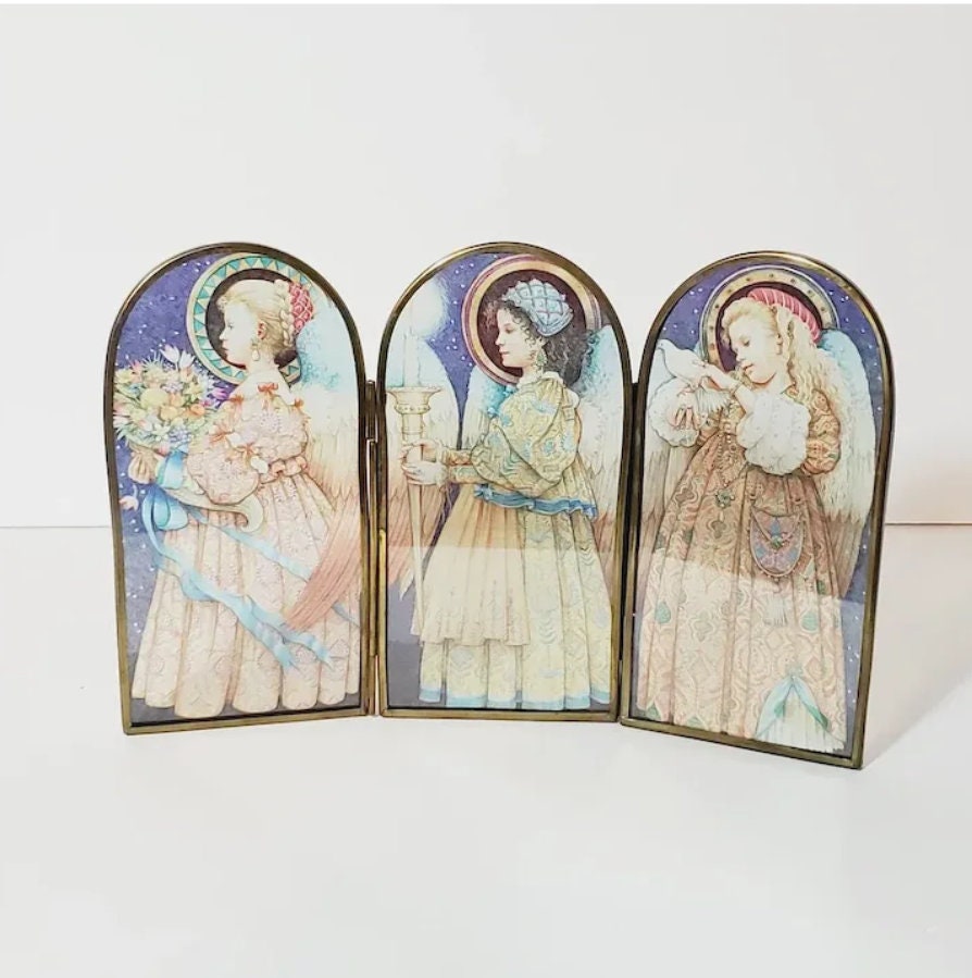 TriFold Triptych Enesco Brass Framed Glass Renaissance Gowns Angels Dove Flowers Wings 5.5" inches Mexico