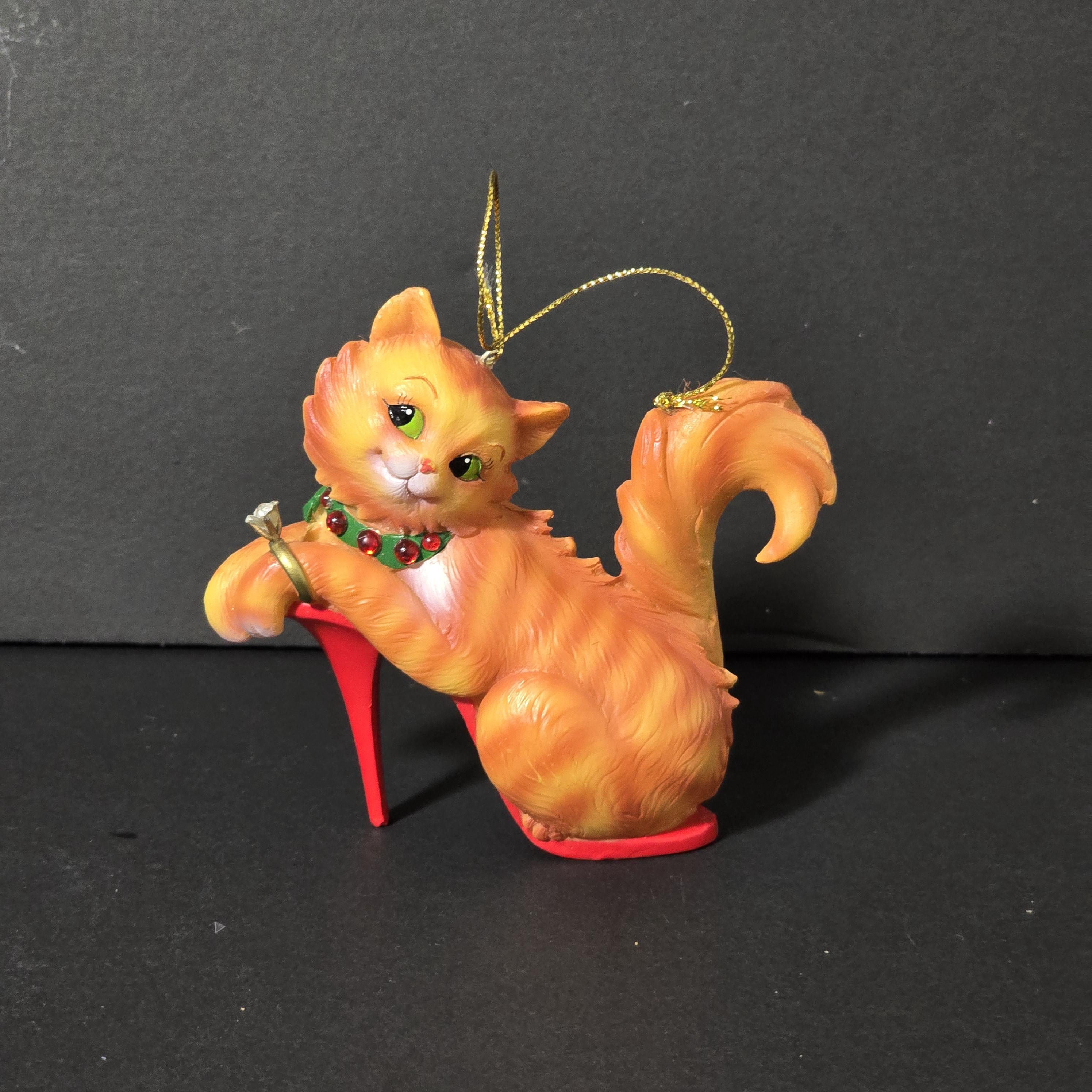 Kitsch Cat Christmas Ornament: Big Eyes, Red Heels, Diamond Ring