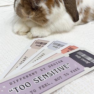 May include: A fluffy brown and white rabbit is positioned above a set of pastel-coloured tickets. The tickets display the text "TOO SENSITIVE" and "BUILT TO FEEL, NOT TO FAKE". The tickets have a vintage design.