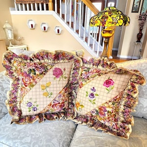 FROSTED ROSES Embroidered Decorator Pillow Covers Set of Two