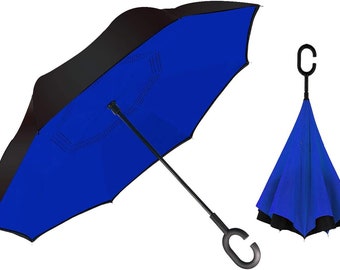 Large Windproof Inverted Reverse Upside Down Umbrella, C-Shaped Handle, Double Layer, Stick Rain Umbrella for Men, Women and Kids