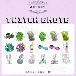 May include: A set of 12 Twitch emotes featuring various cannabis-related imagery, including peace signs, lighters, bongs, and jars of marijuana. The emotes are designed in a cartoon style with bright colors and bold outlines.