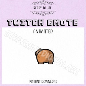 May include: Animated Twitch emote featuring a brown capybara with a white belly, standing on all fours and facing away from the viewer.