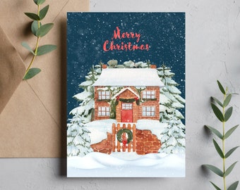 Merry Christmas Card | Night Snow Shower Christmas Card | Christmas Decorations House Card | Beautiful Christmas Cards | Holiday Cards