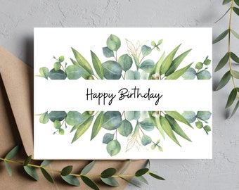 Happy Birthday Card | Green Watercolor Leaves Birthday Card | Birthday Greeting Cards | Plant Birthday Card | Blank Inside | A2 Size |