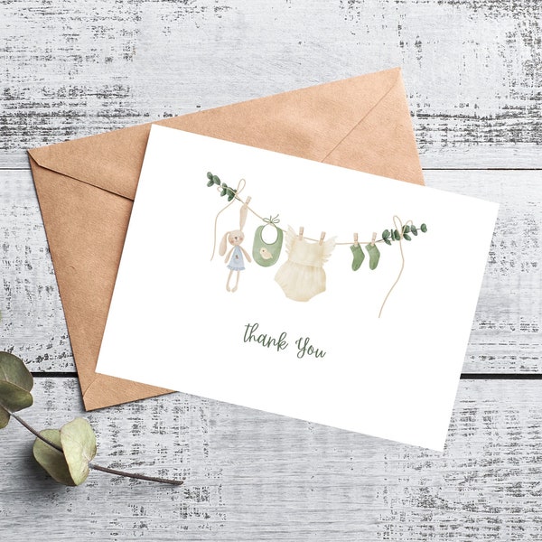 Baby Shower Thank you Cards |Set of 10/20 | Baby Clothesline Thank You Cards | Baby Girl Announcement Cards | Baby Thank You Note Cards