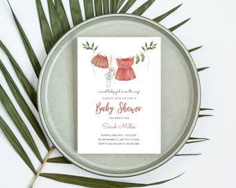 Baby Shower Invites | Baby Girl Summer Clothline Baby Shower Invites | 5x7 In. With Envelopes | Baby Girl Invites | Custom Invitations