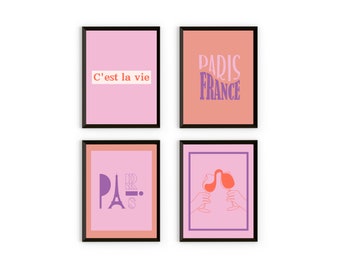 Paris Set of 4 Wall Art Prints | Wall Decor For Summer | Wall Art For Paris Lover | France Pink Wall Art Decor | Gift For House Warming |