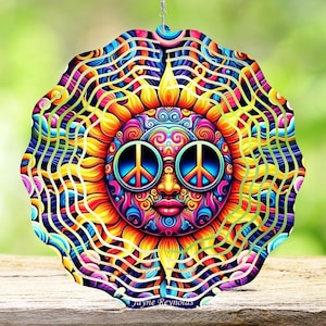 Sun Wind Spinner, Peace Sign Metal Spinner, Colorful Hippie Hanging Garden Decor