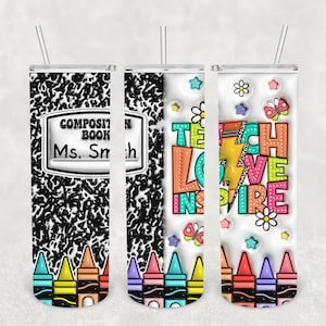Personalized Teacher Tumbler: Composition Notebook & Crayon Design, Insulated 20oz Cup