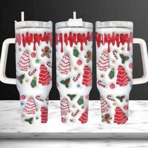 Christmas 40oz Tumbler, Retro Holiday Tumbler, Christmas Cakes Tumbler, 3D Inflated Cup With Handle And Lid, 30oz Christmas Tumbler