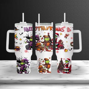 Hallowthanksmas Green Guy Tumbler | 40oz Holiday Tumbler with Handle & Straw | Halloween Thanksgiving Christmas Cup