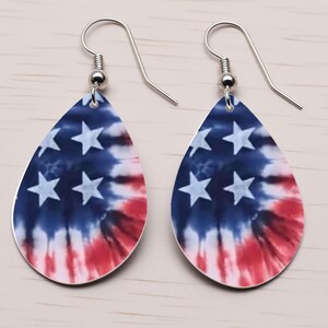 Patriotic Teardrop Earrings | Red White & Blue Tie Dye Stars | 4th of July Dangle Earrings | American Flag Inspired Jewelry | USA Pride Gift