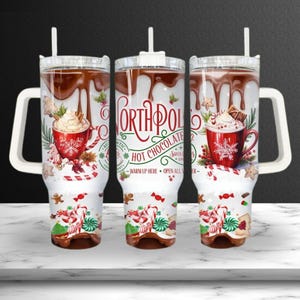 North Pole Hot Chocolate 40oz Tumbler with Handle and Straw | Christmas Mug Cup