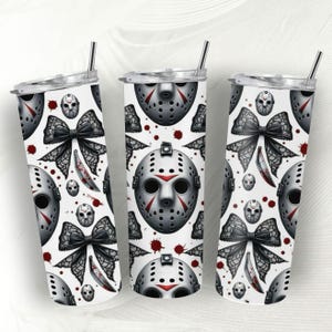 Horror Mask Tumbler: 20oz Iced Coffee Cup with Bloody Knife Bow
