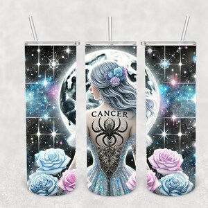 Cancer Zodiac Tumbler – Astrology-Inspired 20oz Tumbler with Straw, Cosmic Moon and Floral Design, Horoscope Gift
