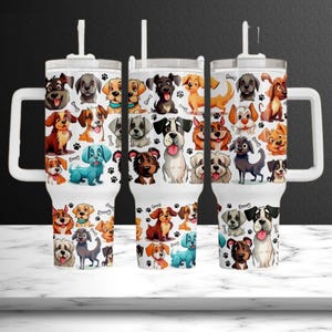 Dog Lover 40oz Tumbler, Cute Cartoon Dog Print Travel Mug - Stainless Steel Tumbler with Handle - Puppy Lover Gift - Dog Mom & Dad Gift