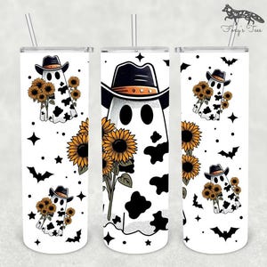 Halloween Tumbler, Halloween Cup, Western Cow Print Ghost 20oz Cup, Spooky Cowboy Ghost Tumbler, Tumbler With Lid And Straw