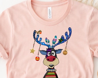 Christmas Shirt, Reindeer Tree Shirt, Christmas Reindeer Lights Shirt, Peeping Reindeer, Reindeer Christmas Family Shirt, Gift For Christmas