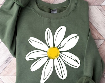 Floral Daisy Sweatshirt, Women's Crewneck, Boho Trendy Hoodie