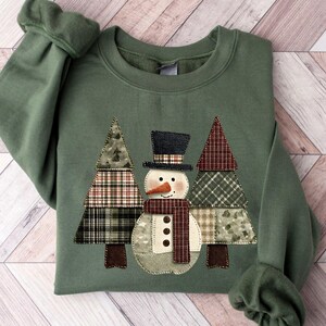 Faux Patchwork Snowman Christmas Sweatshirt, Holiday Crewneck