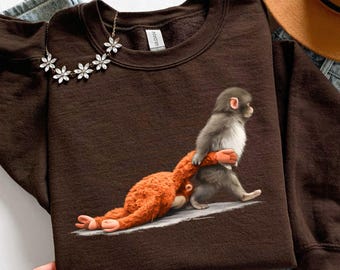 Monkey Graphic Sweatshirt, Baby Monkey Plush Toy, Animal Lover Hoodie