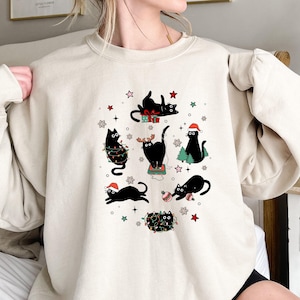 Christmas Black Cat Sweatshirt, Holiday Cat Lover Gift