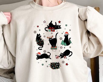 Christmas Black Cat Sweatshirt, Holiday Cat Lover Gift