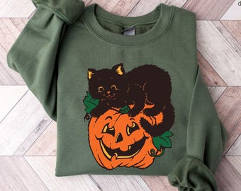 Vintage Black Cat Pumpkin Sweatshirt, Retro Halloween Crewneck