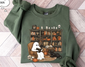 Retro Ghost Reading Sweatshirt, Halloween Librarian Teacher Gift