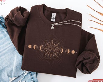 Celestial Sweatshirt: Boho Moon Phase, Mystical Sun Hoodie