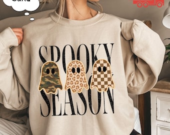 Spooky Season Sweatshirt, Leopard Camo Checkered Ghost Crewneck, Fall Halloween Hoodie