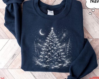 Vintage Winter Night Sweatshirt, Snowy Forest Christmas Pullover, Cozy Holiday Crewneck, Nature Lover Gift, Pine Tree Winter Hoodie