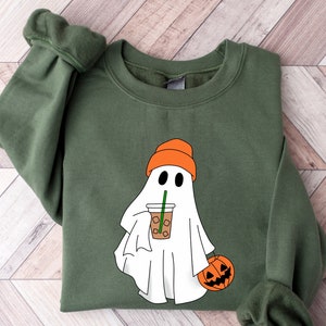 Cute Ghost Drinking Coffee Sweatshirt, Ghost Ice Coffee, Spooky Season, Fall Coffee Lover Hoodie, Halloween Party Shirt, Fall Graphic Shirt