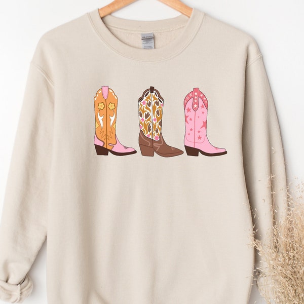 Cowboy Boot Sweatshirt, Star Boot Sweatshirt, Retro Cowgirl Sweatshirt, Western Chic Women's Sweatshirt, Gift for Women, Pink Boots