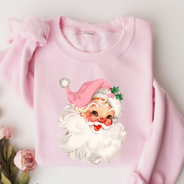 Pink Santa Claus Sweatshirt, Christmas Sweatshirt, Xmas Holiday Gifts, Retro Santa Hoodies, Winter Hoodie, Christmas Family Vacation