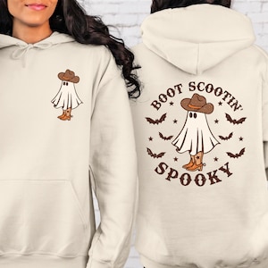 Boot Scootin Spooky Front And Back Sweatshirt or Hoodie, Halloween Gift, Halloween Sweater,Cowboy Ghost Shirt,Western Halloween Sweatshirt