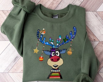 Christmas Sweatshirt, Reindeer Tree Sweatshirt, Christmas Reindeer Lights Shirt, Reindeer Christmas Family Sweatshirt, Gift For Christmas