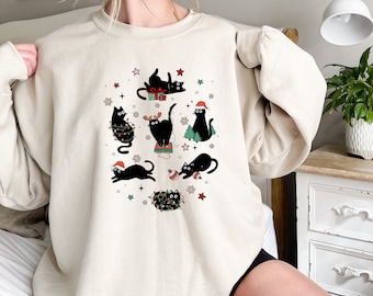 Christmas Black Cat Sweatshirt, Black Cat Christmas Shirt, Kitten Christmas Shirt, Cat Lover Gift, Cat Mom Sweater,Xmas Gift, Holiday Hoodie