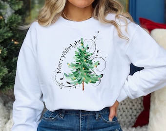 Merry and Bright Sweatshirt, Christmas Sweatshirt For Women, Christmas Sweater, Christmas Tree Sweatshirt, Holiday Sweatshirt