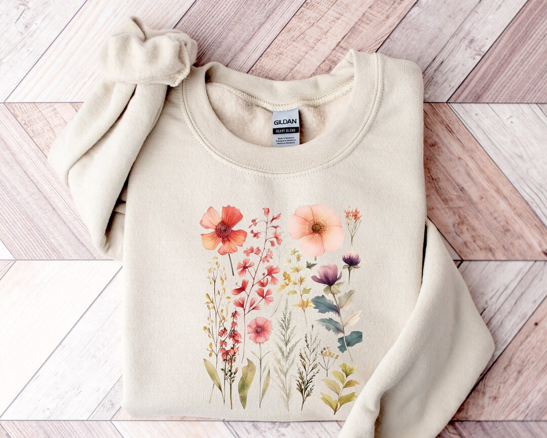 Wildflowers Sweatshirt, Pressed Flowers Watercolor Hoodie, Boho Nature ...