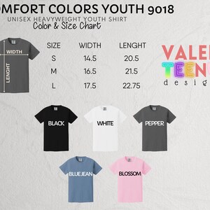 The image displays a color and size chart for a youth shirt, including a gray shirt, a black shirt, a white shirt, and a pink shirt. The chart provides measurements for each shirt size, such as width, length, and height, as well as the corresponding color.