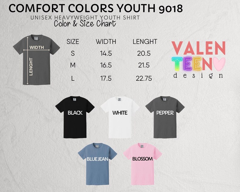 The image displays a color and size chart for a youth shirt, including a gray shirt, a black shirt, a white shirt, and a pink shirt. The chart provides measurements for each shirt size, such as width, length, and height, as well as the corresponding color.