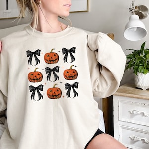 Coquette Bow and Pumpkin Halloween Sweatshirt, Girly Halloween Sweatshirt, Halloween Pumpkin Hoodie, Spooky Season, Halloween Pumpkin Shirt