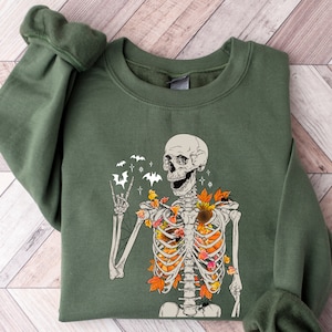 The Fall Skeleton Sweatshirt, Floral Skeleton Graphic Sweater, Halloween Skeleton Sweatshirt, Halloween Gifts, Fall Halloween Sweatshirt