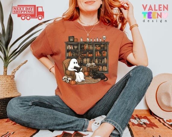 Comfort Colors Retro Ghost Reading Shirt, Halloween Librarian Tee