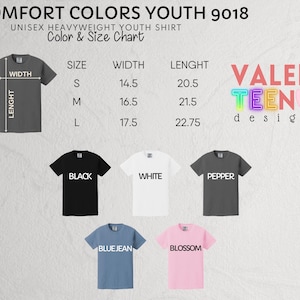 The image displays a color and size chart for a youth shirt, including a gray shirt, a black shirt, a white shirt, and a pink shirt. The chart provides measurements for each shirt size, such as width, length, and height, as well as the corresponding color.